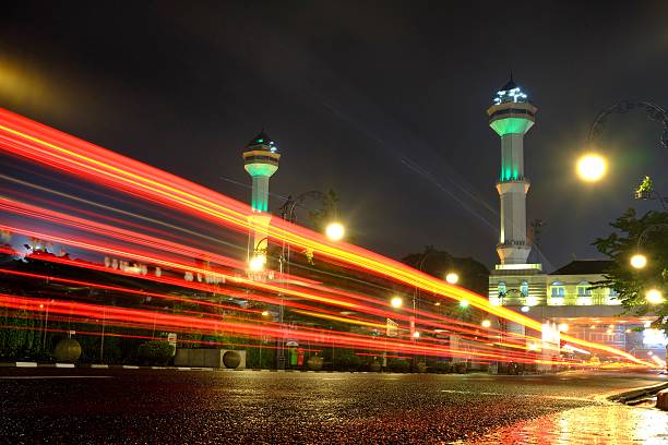 istock Light Trail, and Great Mosque Of Bandung's Tower 626593324