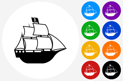 Pirate Ship Icon on Flat Color Circle Buttons. This 100% royalty free vector illustration features the main icon pictured in black inside a white circle. The alternative color options in blue, green, yellow, red, purple, indigo, orange and black are on the right of the icon and are arranged in two vertical columns.