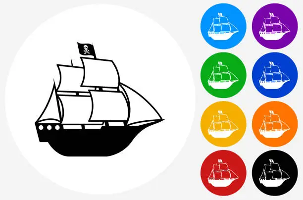 Vector illustration of Pirate Ship Icon on Flat Color Circle Buttons