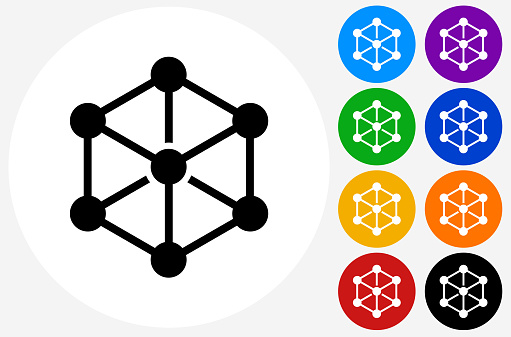 Chemical Compound Icon on Flat Color Circle Buttons. This 100% royalty free vector illustration features the main icon pictured in black inside a white circle. The alternative color options in blue, green, yellow, red, purple, indigo, orange and black are on the right of the icon and are arranged in two vertical columns.
