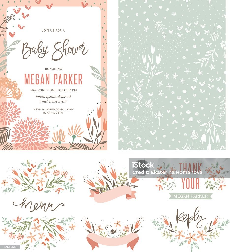 Ensemble floral baby shower - clipart vectoriel de Remise de cadeaux de naissance libre de droits