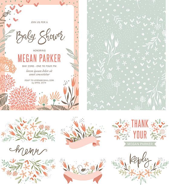 illustrazioni stock, clip art, cartoni animati e icone di tendenza di set floreale baby shower - baby shower invitation its a girl greeting card