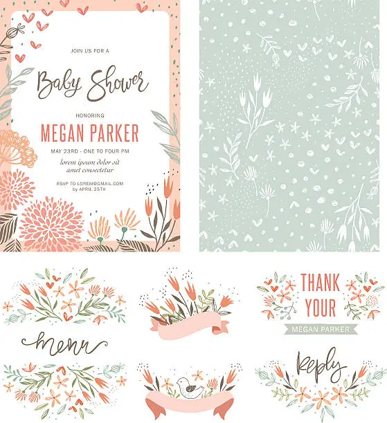 Vector illustration of Baby Shower Floral Set