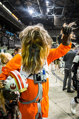 Sheffield, United Kingdom - June 12, 2016: Cosplayer dressed as the character 'Chewbacca' from 'Star Wars' at the Yorkshire Cosplay Convention at Sheffield Arena