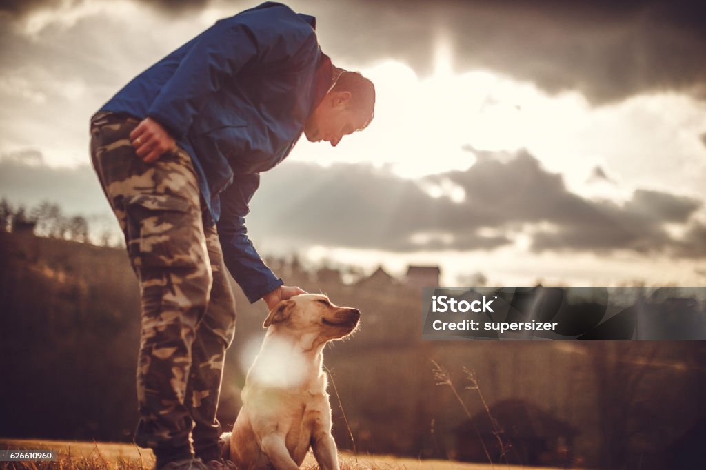 Big friendship A man and a dog are big friends. The man is wearing blue jacket and is enjoying his spare time with his dog. He is caressing the dog Dog Stock Photo