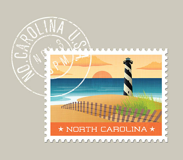 Vector illustration of lighthouse on the outer banks. North Carolina. North Carolina postage stamp design. Vector illustration of lighthouse on the outer banks. Grunge postmark on separate layer marram grass stock illustrations