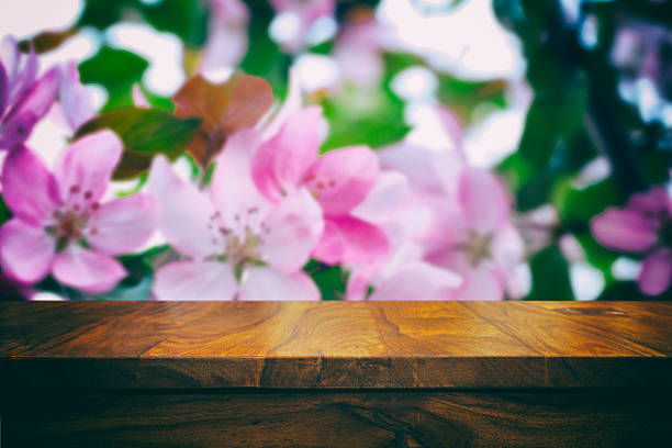 istock Empty top wooden table and floral blurred background 626611844