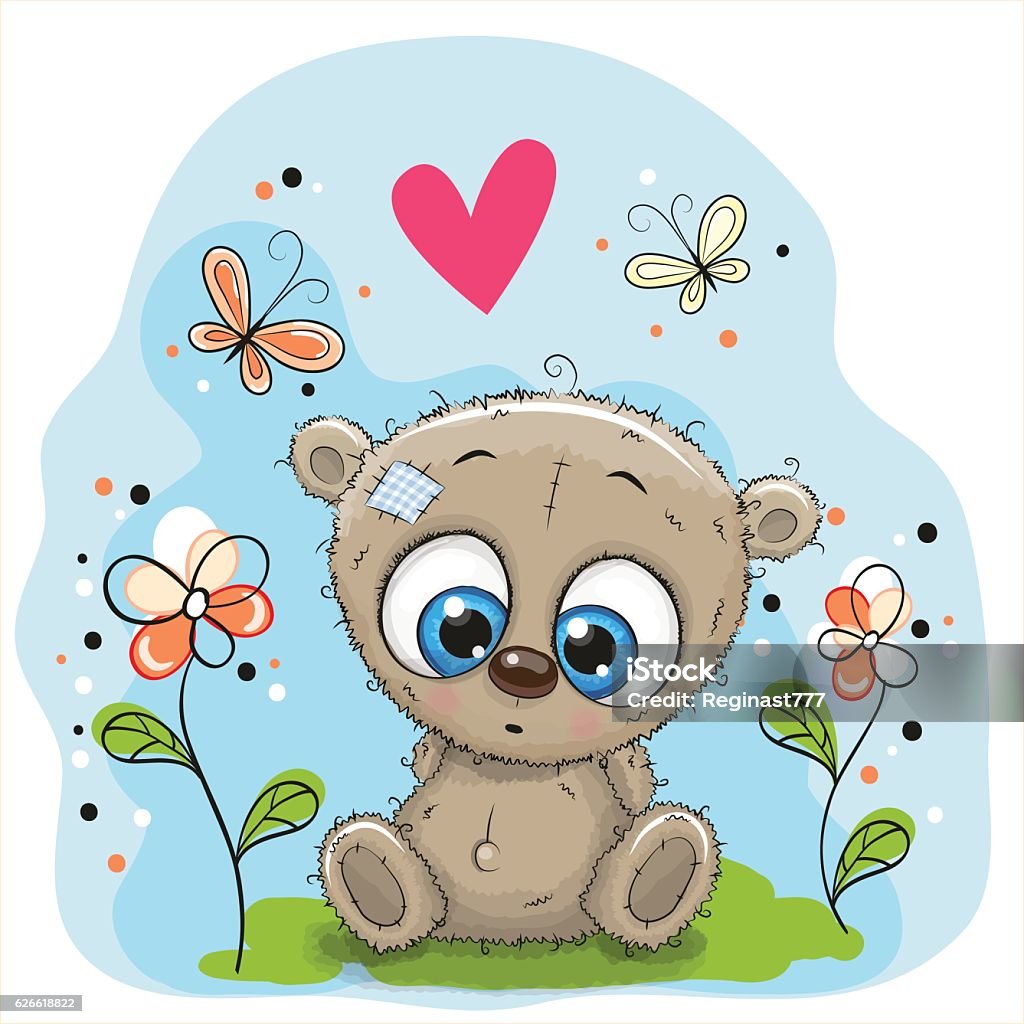 Cute Teddy Bear with flowers Cute Teddy Bear with flowers and butterflies on the meadow Butterfly - Insect stock vector