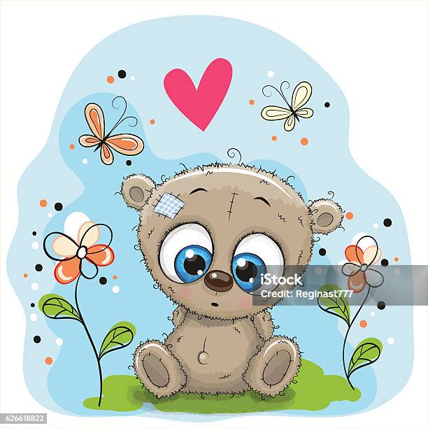 Cute Teddy Bear With Flowers Stock Illustration - Download Image Now - Butterfly - Insect, Cartoon, Cheerful