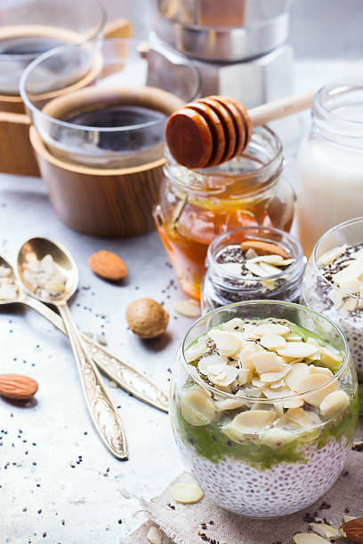 istock Healthy breakfast chia seed pudding almond milk fruit honey coffee 626619660