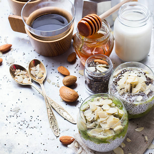 istock Healthy breakfast chia seed pudding almond milk fruit honey coffee 626619704