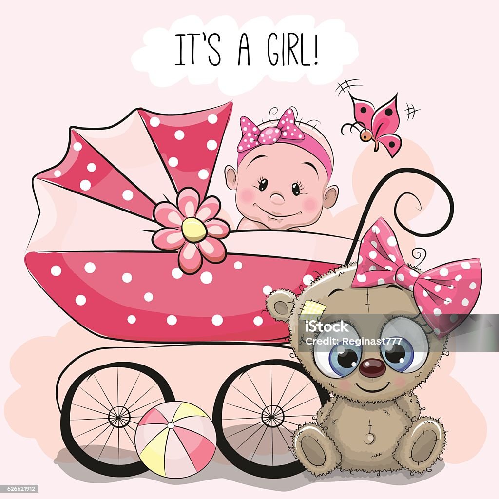Baby girl with baby carriage and teddy bear Greeting card it is a girl with baby carriage and teddy bear Animal stock vector