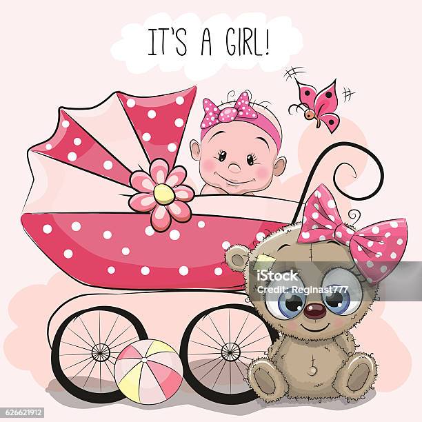 Baby Girl With Baby Carriage And Teddy Bear Stock Illustration - Download Image Now - Animal, Animal Body Part, Animal Eye