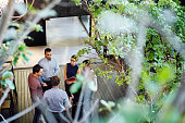 Business people discussing at office lobby