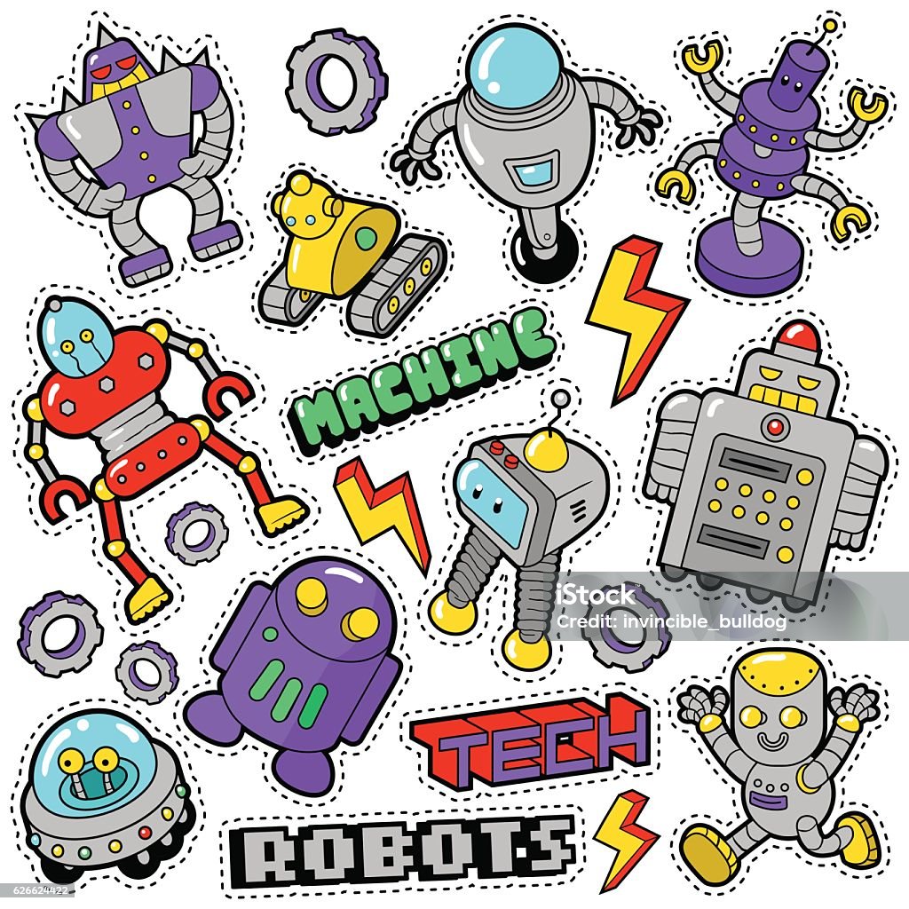 Robots And Machines Stickers Badges Patches Stock Illustration - Download  Image Now - Robot, 1980-1989, Backgrounds - iStock