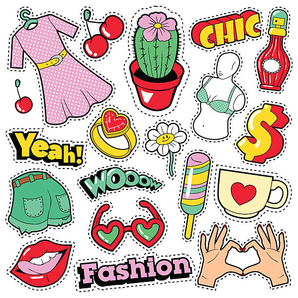 mode mädchen abzeichen, patches, aufkleber mit kleidung und accessoires - embroidery needlecraft product dress pattern stock-grafiken, -clipart, -cartoons und -symbole