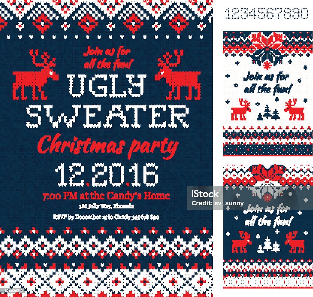 Ugly Sweater Christmas Party cards. Knitted pattern. Scandinavian Merry Christmas Party Invitation cards with knitted patterns and ornaments in scandinavian style with deers. Ugly Sweater Christmas Party. Front and back sides. Flat style Ugly Sweater stock vector