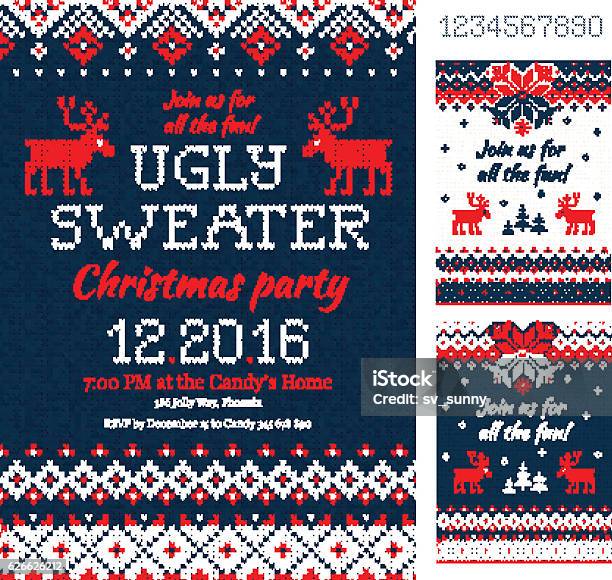 Ugly Sweater Christmas Party Cards Knitted Pattern Scandinavian Stock Illustration - Download Image Now