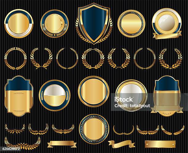 Vector Medieval Golden Shields Laurel Wreaths And Badges Collection Stock Illustration - Download Image Now