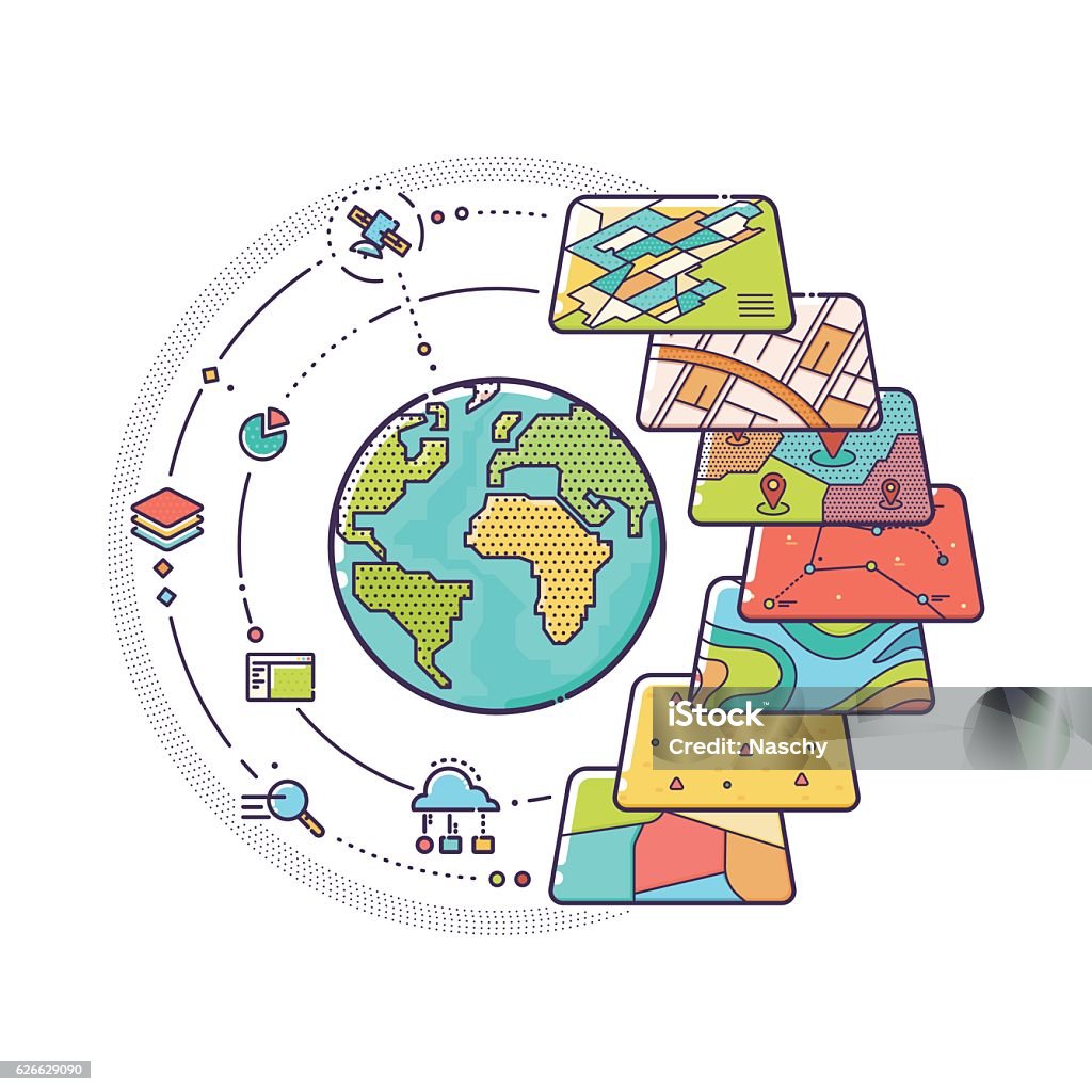 GIS Concept Data Layers for Infographic Vector Illustration of GIS Spatial Data Layers Concept for Business Analysis, Geographic Information System, Icons Design, Liner Style Gi - Martial Arts Clothing stock vector