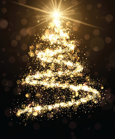 Golden background with shining abstract Christmas tree. Vector illustration.