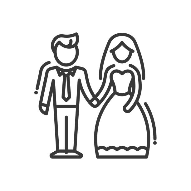 ilustraciones, imágenes clip art, dibujos animados e iconos de stock de pareja recién casada - diseño de línea single icono aislado - men groom wedding red