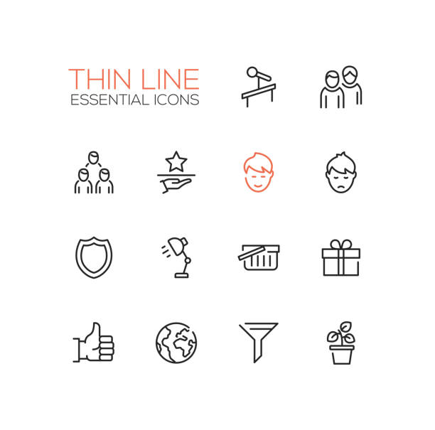 Business - Thin Single Line Icons Set Business Essential - modern vector plain simple thin line design icons and pictograms set. Tribune, people, network, award, shield, lamp, shopping basket, present, thumb up, globe, funnel plant hand holding microphone icon stock illustrations