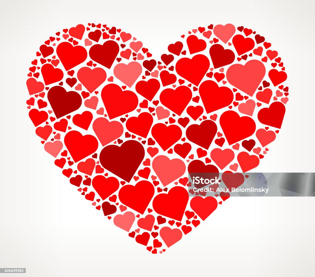 Heart Shape Red Hearts Love Pattern Heart Shape Red Hearts Love Pattern. The vector shape is filled with red heart pattern. The red color hearts vary in size, rotation and shade or the red color. The background is white with a slight gradient around the edges. This vector pattern graphic fill is perfect for Valentine’s Day Holiday ideas. Affectionate stock vector