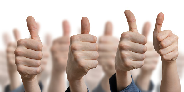 Many thumbs up on white background. Success and consent concept.
