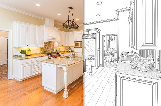 istock Split Screen Of Drawing and Photo of New Kitchen 626642424