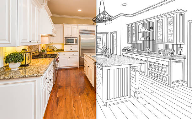 istock Split Screen Of Drawing and Photo of New Kitchen 626642442