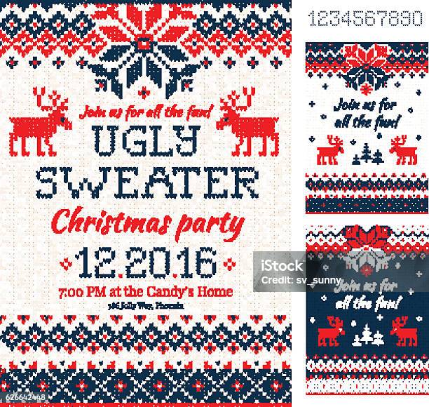 Ugly Sweater Christmas Party Cards Knitted Pattern Scandinavia Stock Illustration - Download Image Now