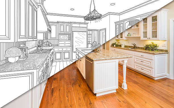istock Diagonal Split Screen Of Drawing and Photo of New Kitchen 626642454
