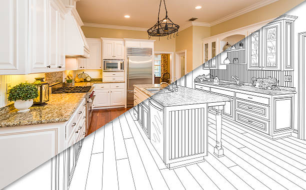 istock Diagonal Split Screen Of Drawing and Photo of New Kitchen 626642480