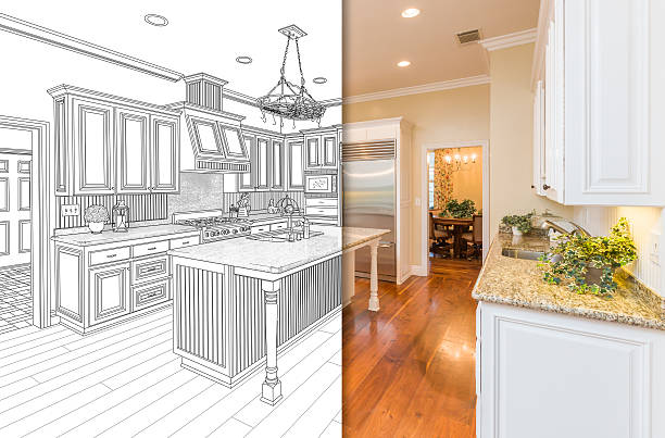 istock Split Screen Of Drawing and Photo of New Kitchen 626642500