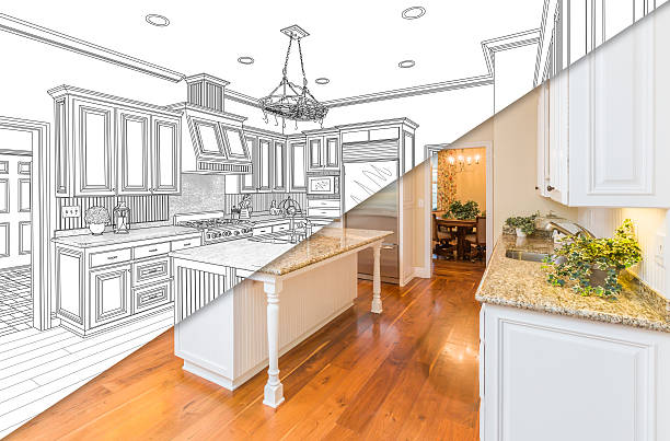 istock Diagonal Split Screen Of Drawing and Photo of New Kitchen 626642538