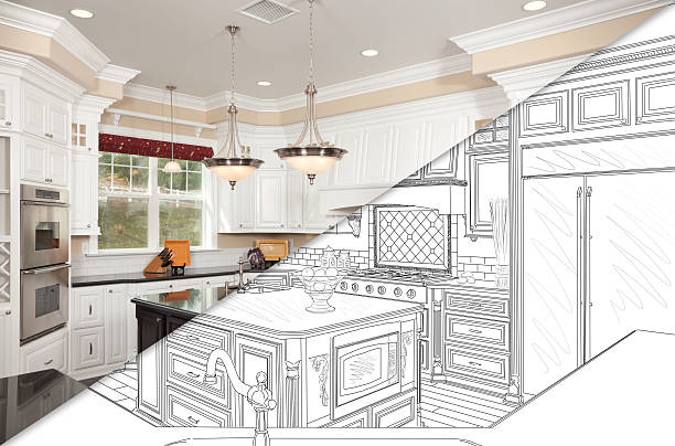 istock Diagonal Split Screen Of Drawing and Photo of New Kitchen 626642658