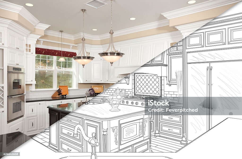 Diagonal Split Screen Of Drawing and Photo of New Kitchen Diagonal Split Screen Of Drawing and Photo of Beautiful New Kitchen. Digitally Generated Image stock illustration