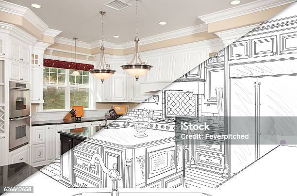 Diagonal Split Screen Of Drawing And Photo Of New Kitchen Stock Illustration - Download Image Now