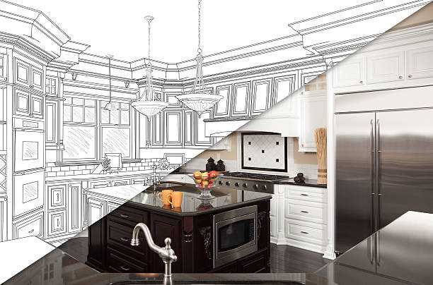 ilustrações de stock, clip art, desenhos animados e ícones de diagonal split screen of drawing and photo of new kitchen - plan house home interior planning