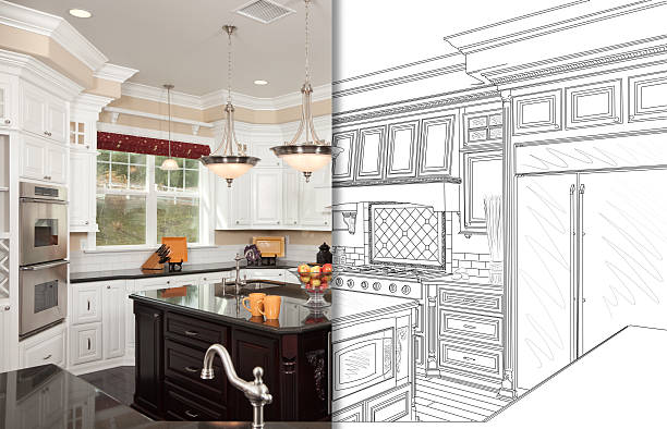 istock Split Screen Of Drawing and Photo of New Kitchen 626642708