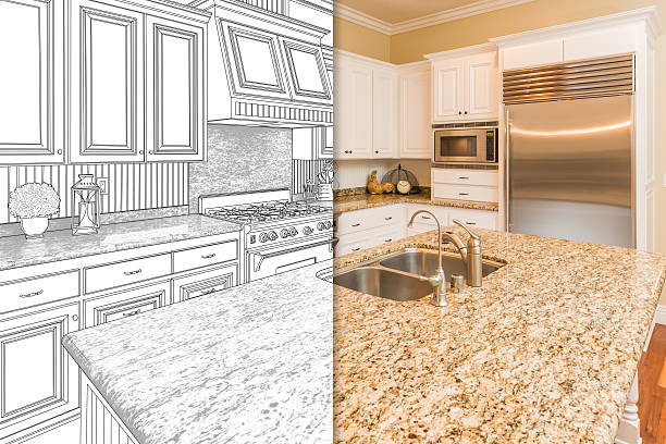 istock Split Screen Of Drawing and Photo of New Kitchen 626642762