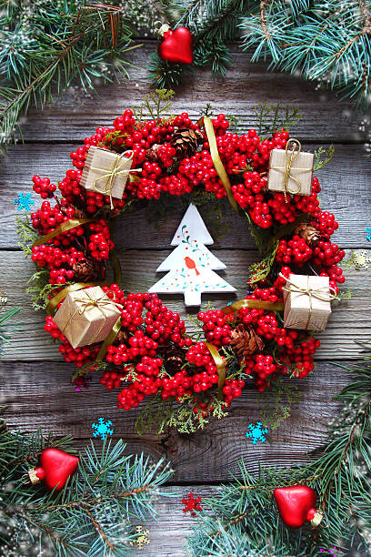 istock Christmas background with decorations and gift boxes on wooden b 626643618
