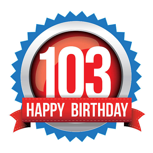 ilustraciones, imágenes clip art, dibujos animados e iconos de stock de ciento tres años feliz cumpleaños insignia cinta - 109
