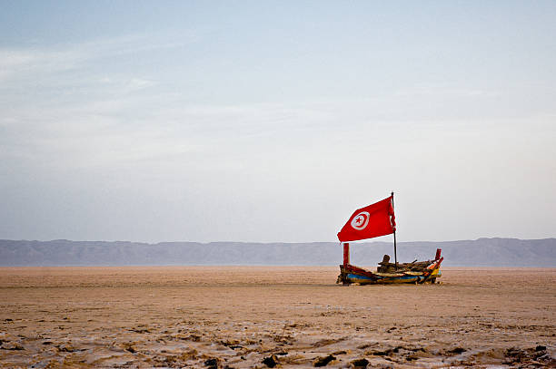 Wooden boat with Tunisia flag in the middle of the salt desert Chott el Djerid