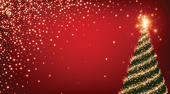 Red luminous background with green Christmas tree. Vector illustration.