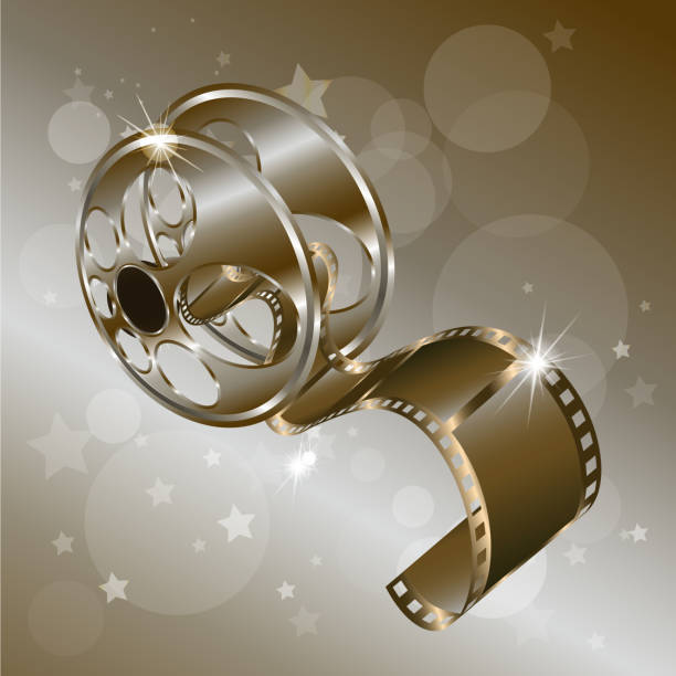 istock Movie reel film vector isolated on gold background with stars 626656388