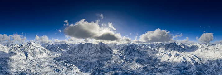 Digitally generated panoramic view of snow covered mountain tops.