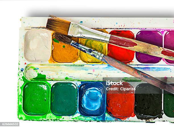 Closeup Of Watercolor Paints Set And Brushes Stock Photo - Download Image  Now - Watercolor Paints, Artist's Palette, Paintbrush - iStock