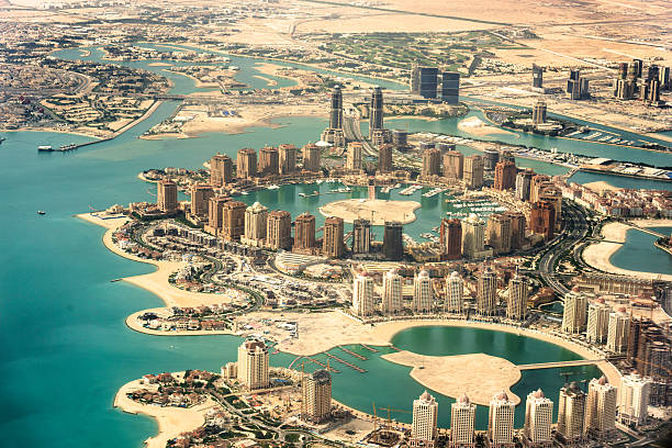 the pearl of doha in qatar aerial view - qatar stok fotoğraflar ve resimler